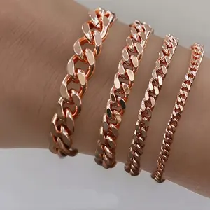 Copper Cuban Link Bracelet, 5mm/7mm/9mm/12mm Width, 0.20"/0.28"/0.35"/0.47'', 18K Golden Plated Chain Wrist Bracelets for Men Women