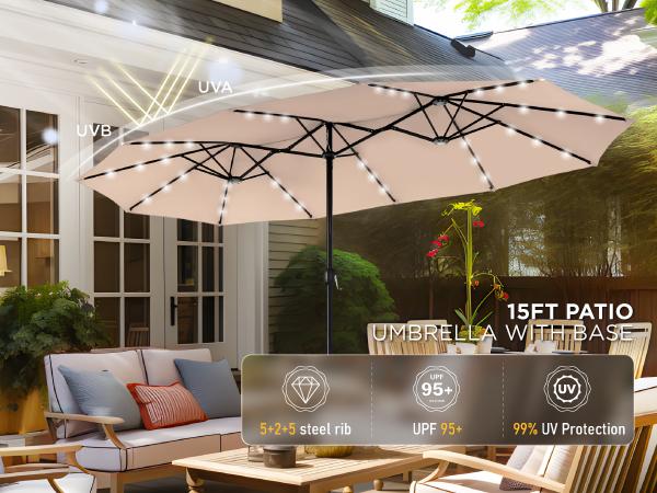 [LED Light] Phivilla Home 15ft Large Outdoor Patio Umbrella with Base – LED Light Option, Double-Sided, Crank Handle, Waterproof