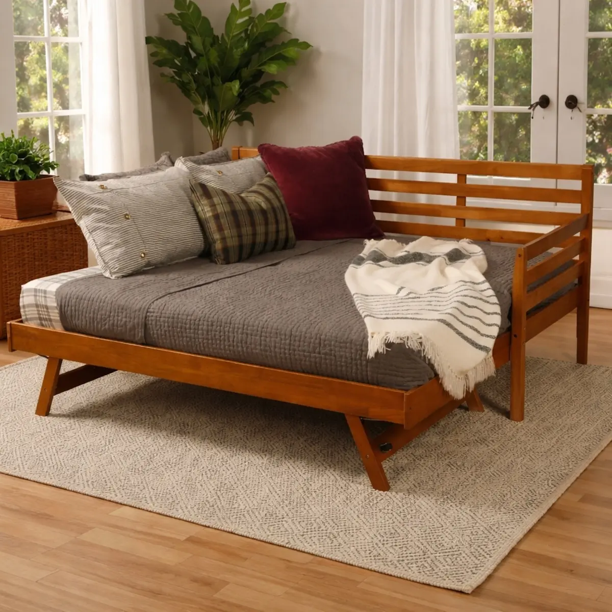 Aobtkel Twin Daybed with Pop Up Trundle, Solid Wood Daybed Frame with Pull Out Bed and Casters, Twin to King Convertible Guest Bed, Space Saving Wooden Sofa Bed for Bedroom Living Room Guest Room, Barbados Brown
