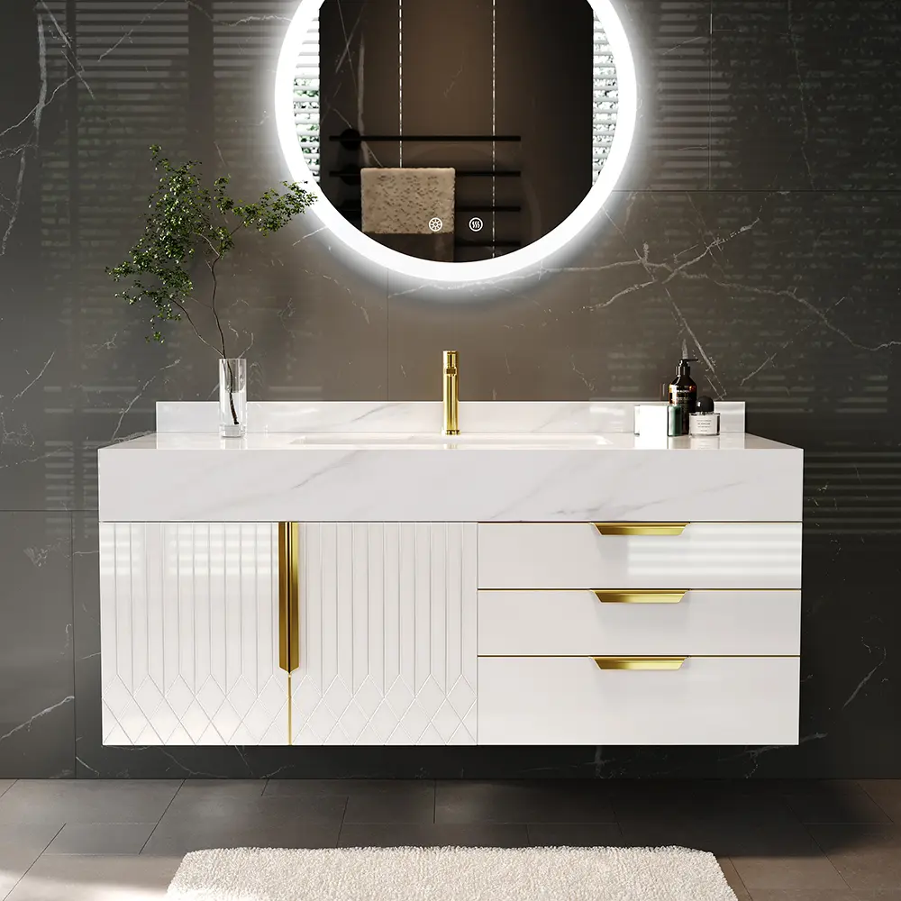 Homary Aro Series Modern 35.4" Wall-Mounted Sintered Stone Bathroom Vanity Set with White Sink Cabinet, Floating Floor Unit, Gold-Toned Floor Unit, Floating Floor Cabinets, Gold-Toned Floor Cabinets