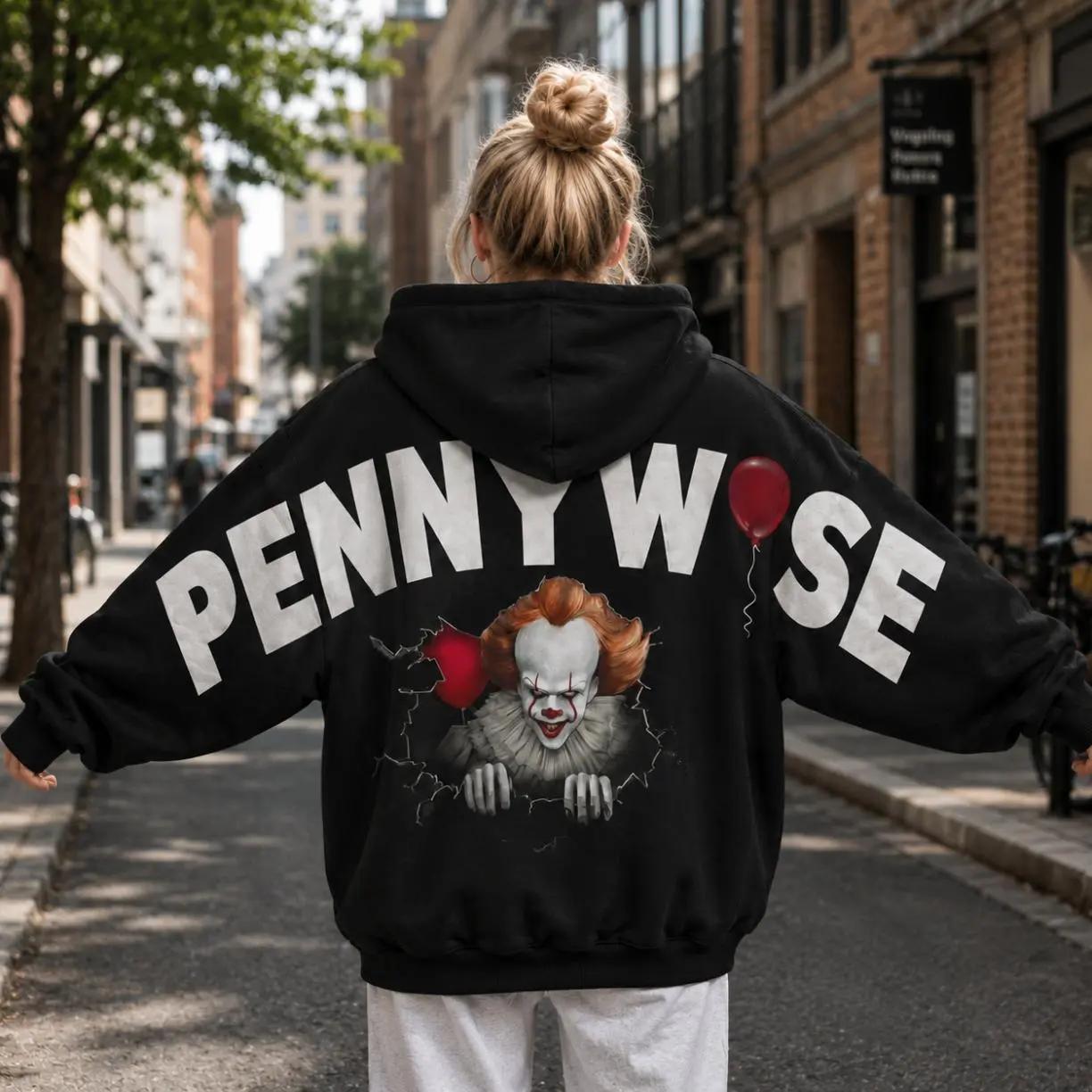 Vintage Pennywise Shoulder-to-Shoulder Back Lettering Sweatshirt Hoodie, IT Killer Halloween Hoodie, Scary Movie Shirt, Horror Movie Character Tee