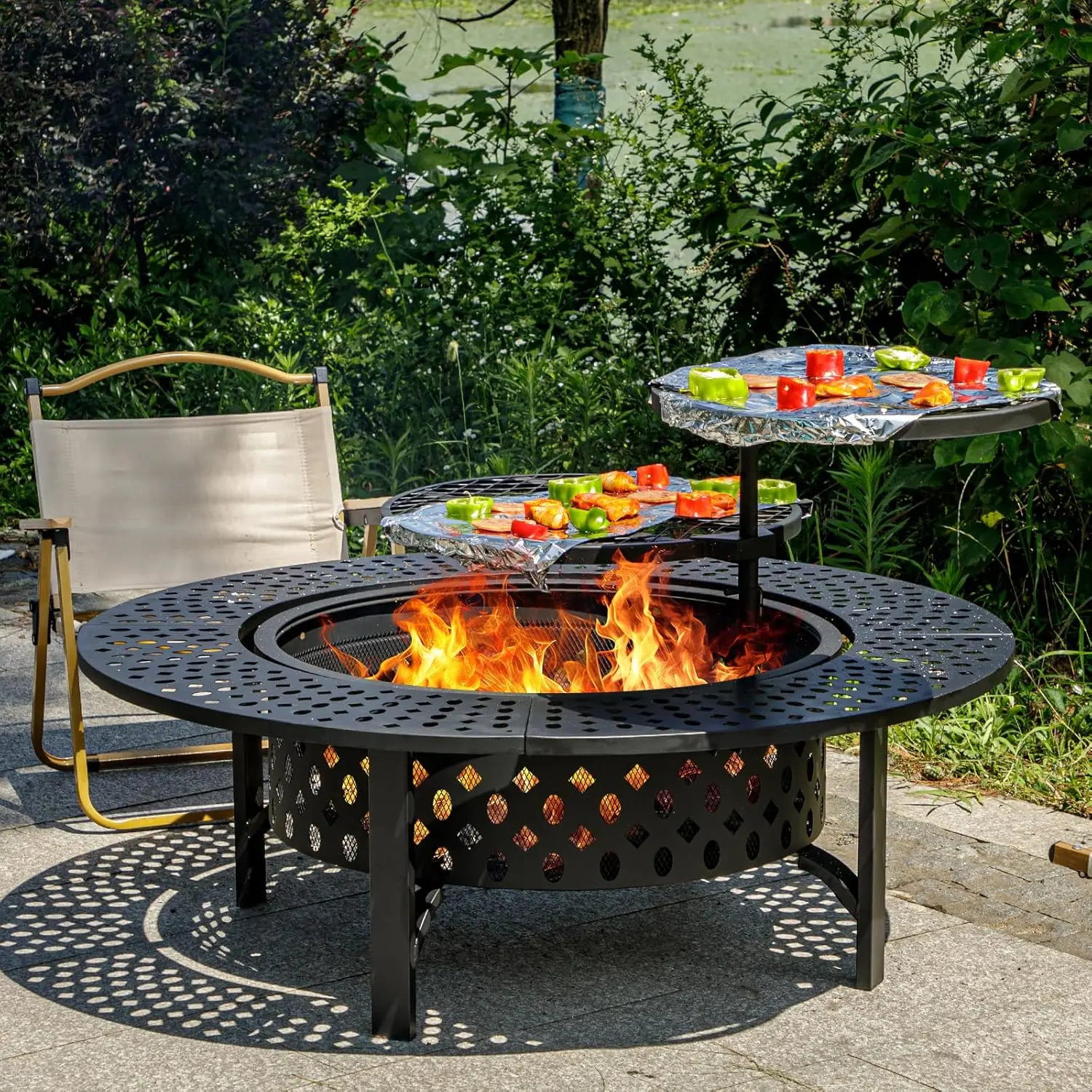 Outvue 47-Inch Heavy Duty Painted Steel 3-in-1 Tabletop Fire Pit Set, Wood-Burning 360° Swivel Grill Fire Table with 2 Grills, Lid & Poker, Outdoor Round for Patio, Friends, Party