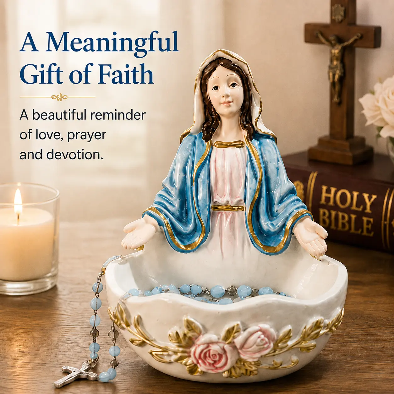 Virgin Mary Rosary Holder Statue, Catholic Religious Home Decor, Blessed Mother Prayer Figurine with Jewelry Dish, Meaningful Faith Gift for Mom Grandma, Christian Prayer Corner Decoration, Resin Mary Statue