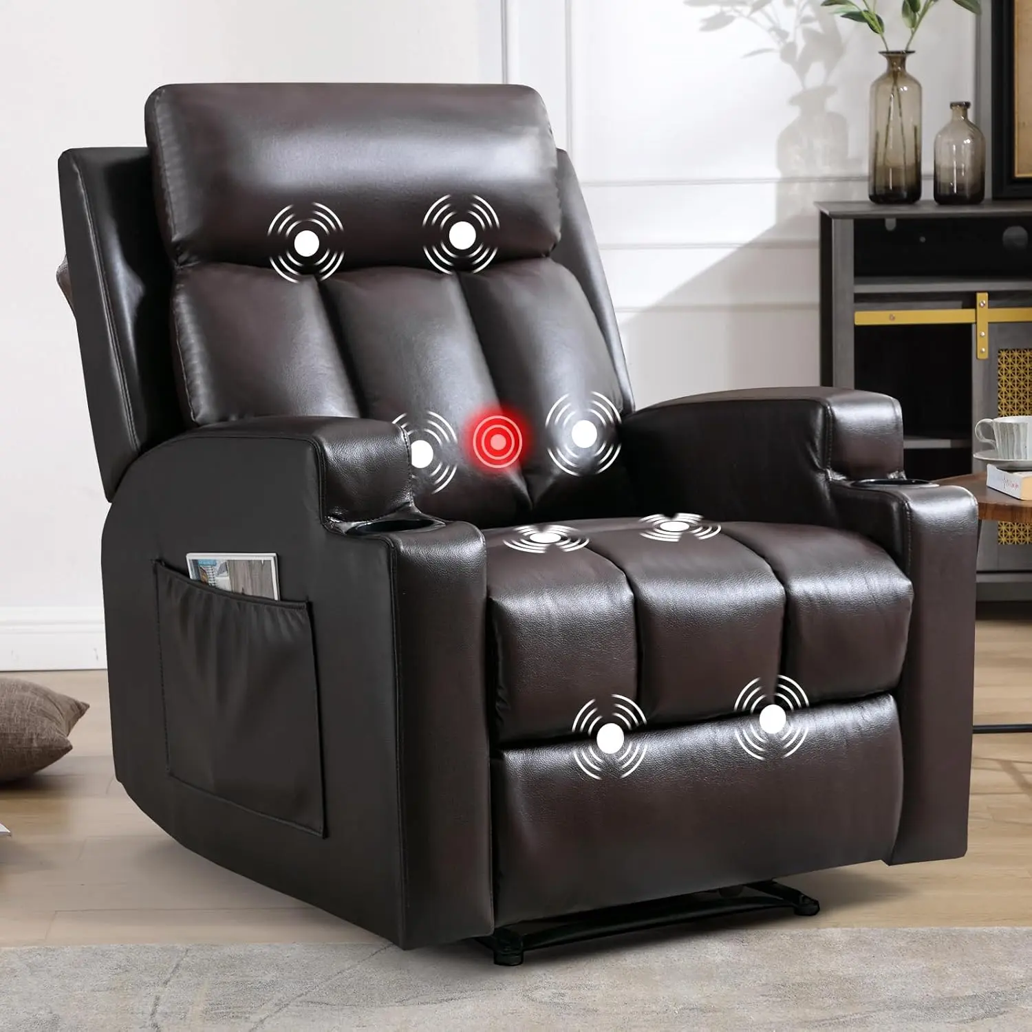 [DealsForYouDays] EBELLO Manual Recliner Chair with Massage and Heat,Breathable Leather Recliner Chair with Armrest and Backrest, Manual Reclining Single Sofa with 2 Cup Holders, Side Pocket for Living Room