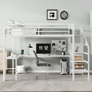 Attic bed with L-shaped desk and USB interface, metal loft bed with wardrobe and adjustable shelf, high loft bed with LED lights for adults