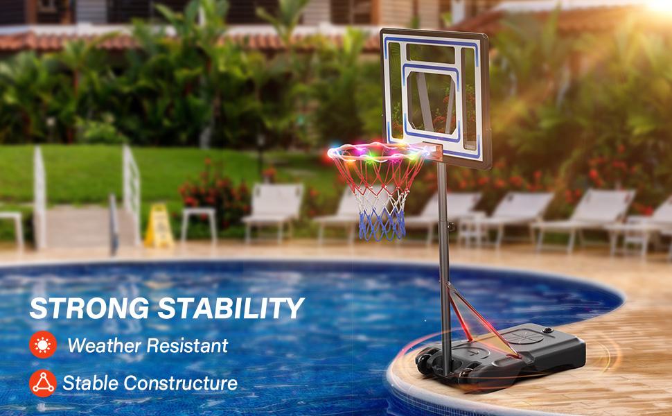 Poolside Basketball Hoop, Adjustable Height 45"-53" Swimming Pool Basketball System with 32" X 23" PVC Backbord 2 Basketball Nets for Both Teens and Adults