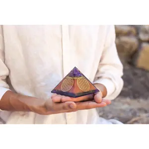 Flower of Life Copper Orgone Pyramid with Amethyst (Authentic- REAL)