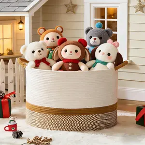 20"x13" White/Brown Cotton Rope Woven Blanket Storage Basket