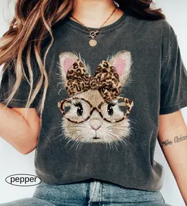 Comfort Colors Faux Embroidered Retro Happy Easter Bunny Shirt, Coquette Leopard Bunny T-Shirt, Spring Women Tee, Trendy Easter Day Gift
