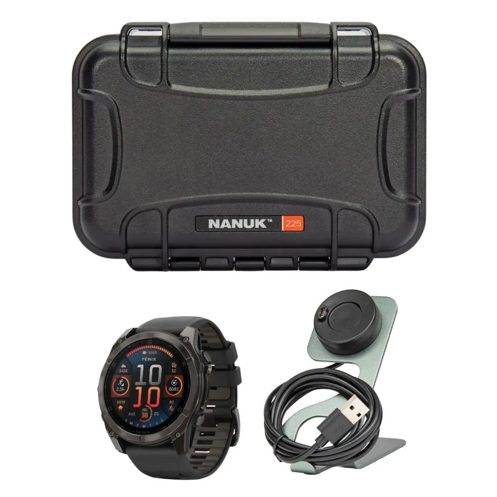 Garmin Fenix 8 Sapphire 51mm Smartwatch - 1.4-inch AMOLED Display, Portable Wearable GPS, Adjustable Design, USB Charging, Durable ABS Shell, Aluminum Build, Focus Camera Charger Stand (Black and Pebble Gray) Bundle, Metal, Nanuk 225