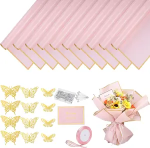 93-Piece Flower Bouquet Wrapping Paper Kit - 20 Sheets Waterproof Paper, 10 Greeting Cards, 12 Gold Butterflies, 50 Flower Pins, 1 Roll Ribbon for Birthday Party Favors, Valentine's Day