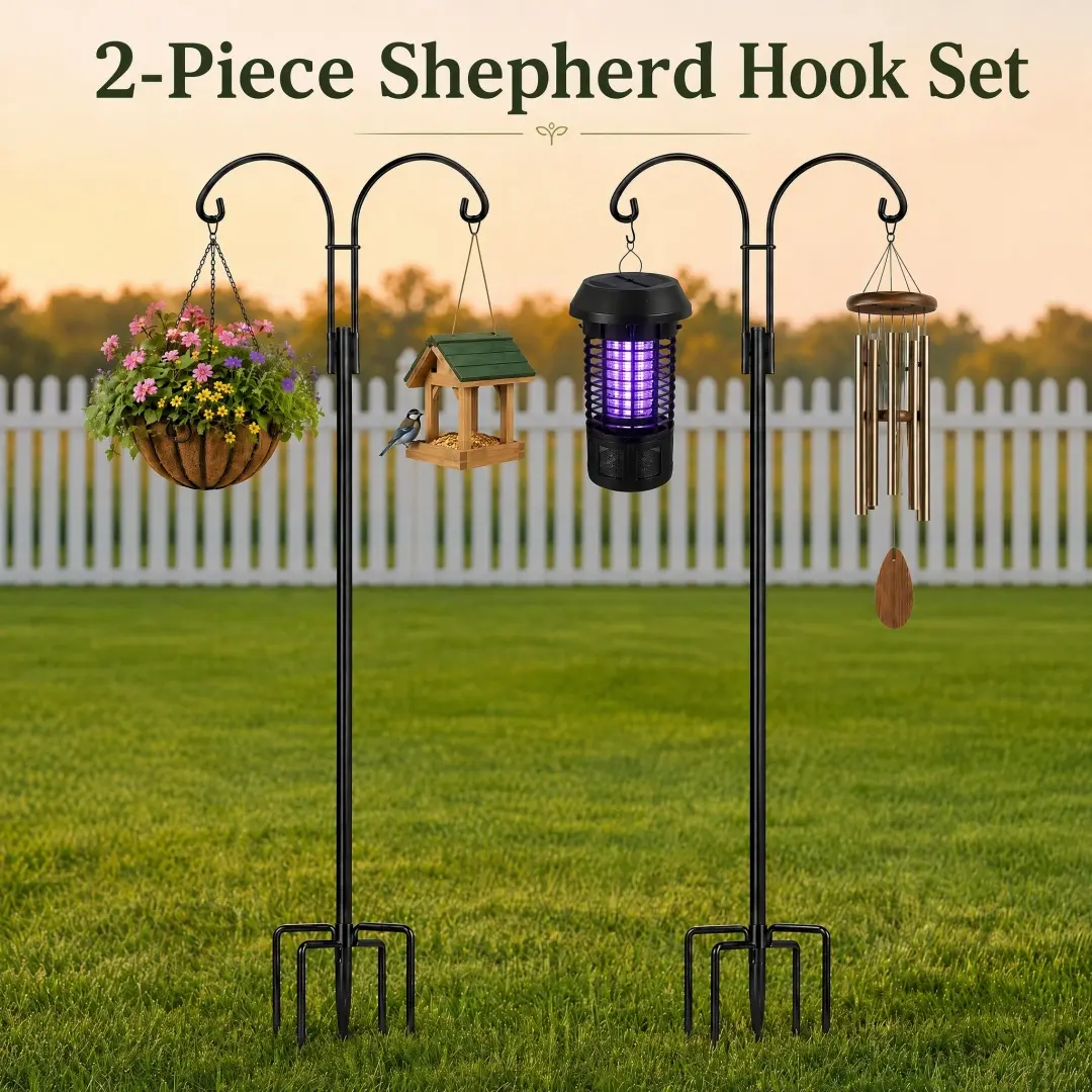 XDW-GIFTS 2-Pack Heavy-Duty Multi-Use Hook Poles with 5 Base Prongs - Outdoor Garden Accessories, Garden Decor for Hanging Bird Feeders - Father’s Day Gifts for Dads