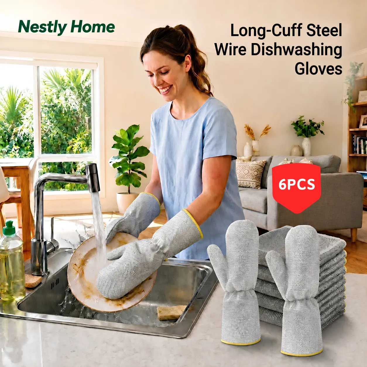 2026 Upgraded Steel Wire Dishwashing Gloves, Waterproof Kitchen Scrubbing Gloves, Oil Resistant Silver Wire Cleaning Mitts for Dishes, Pots, Pans, Sink & Stove, Reusable Heavy Duty Cleaning Gloves Set