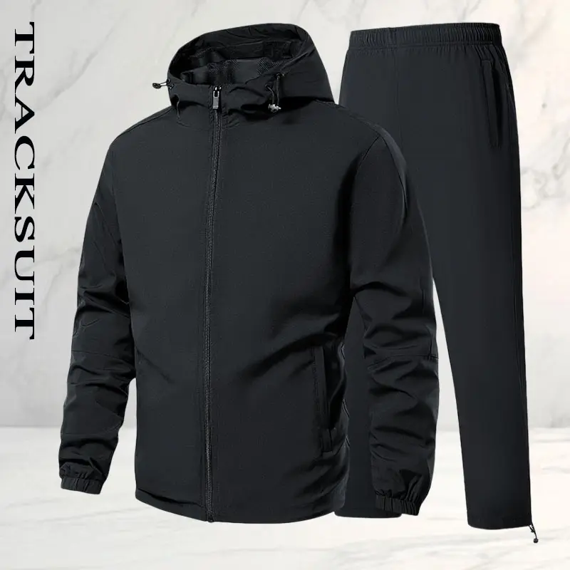 Men’s two-piece hooded sports set with an American casual athletic style. Durable, wrinkle-resistant, waterproof fabric provides windproof protection against rain and cold; adjustable drawstring hood for a snug fit around the head; smooth, durable zipper