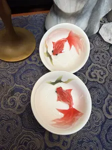 t82.Set of 2 Handmade Wood-fired Porcelain Bowls with Enamel & Underglaze Goldfish Pattern