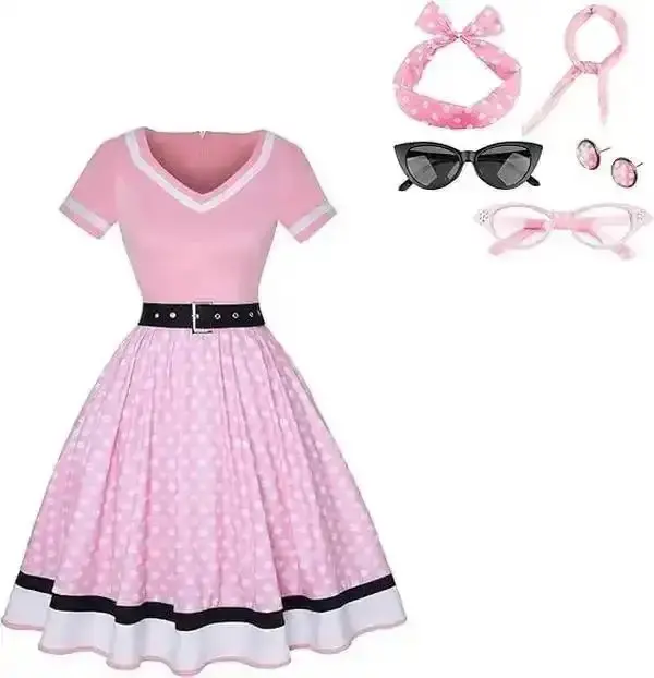Female Adult 50s Fancy Dress Polka Dots 1950s Vintage Costumes 7 PCS Wide Leg Pants Cardigan Activewear Workout Set Round Neck Business Casual Trendy Joggers Short Sleeve Jacket Work Wear Minimalist Mini Skirt chic style