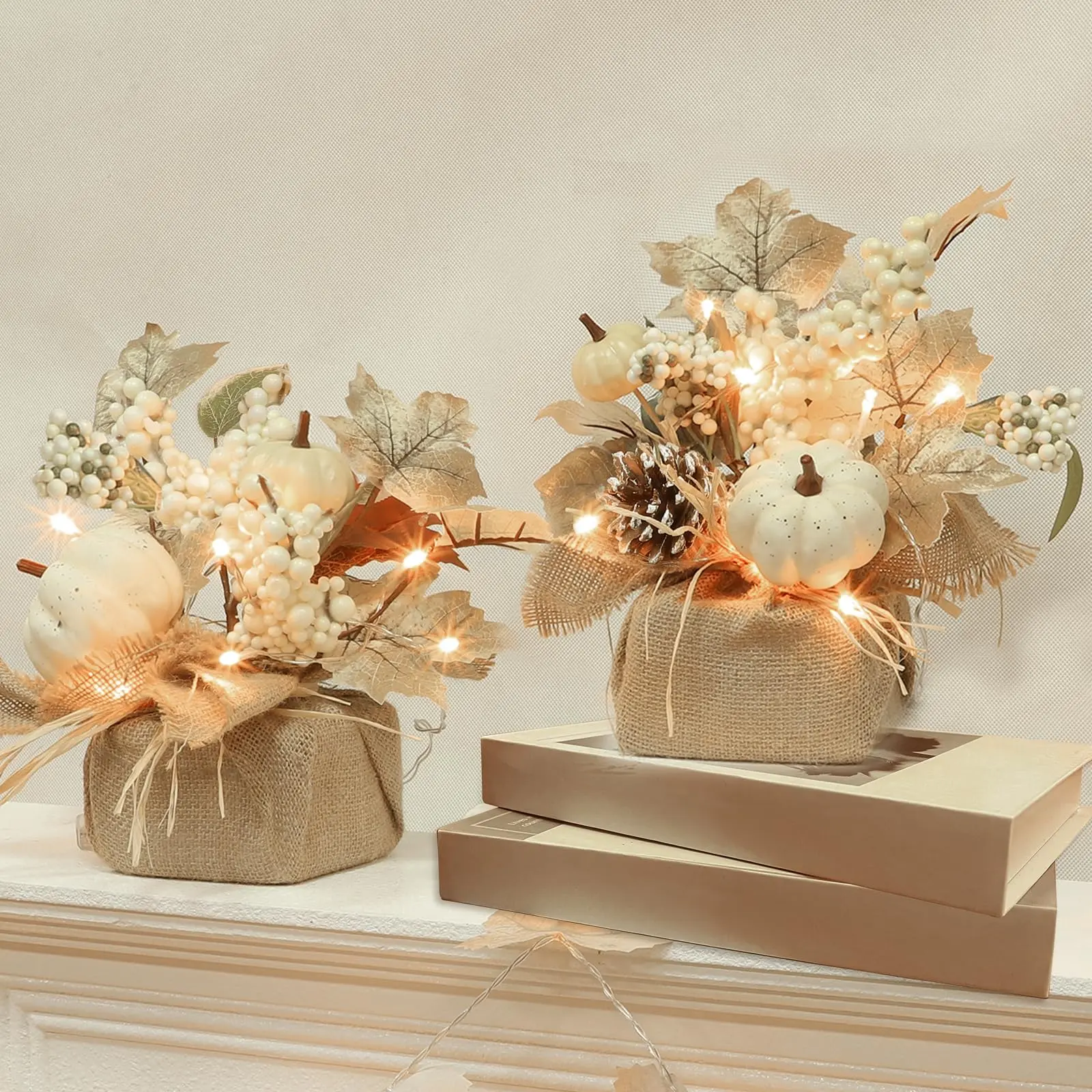 2-Pack 11in Silk Fall Decor Tabletop Trees Centerpieces - Battery-Operated Lights with Timer, Dry Battery Power, Neutral White Maple Leaves, Pumpkins, Pinecones, Berries for Dining Table, Mantel, Decorations Set, Fall Decor For Home
