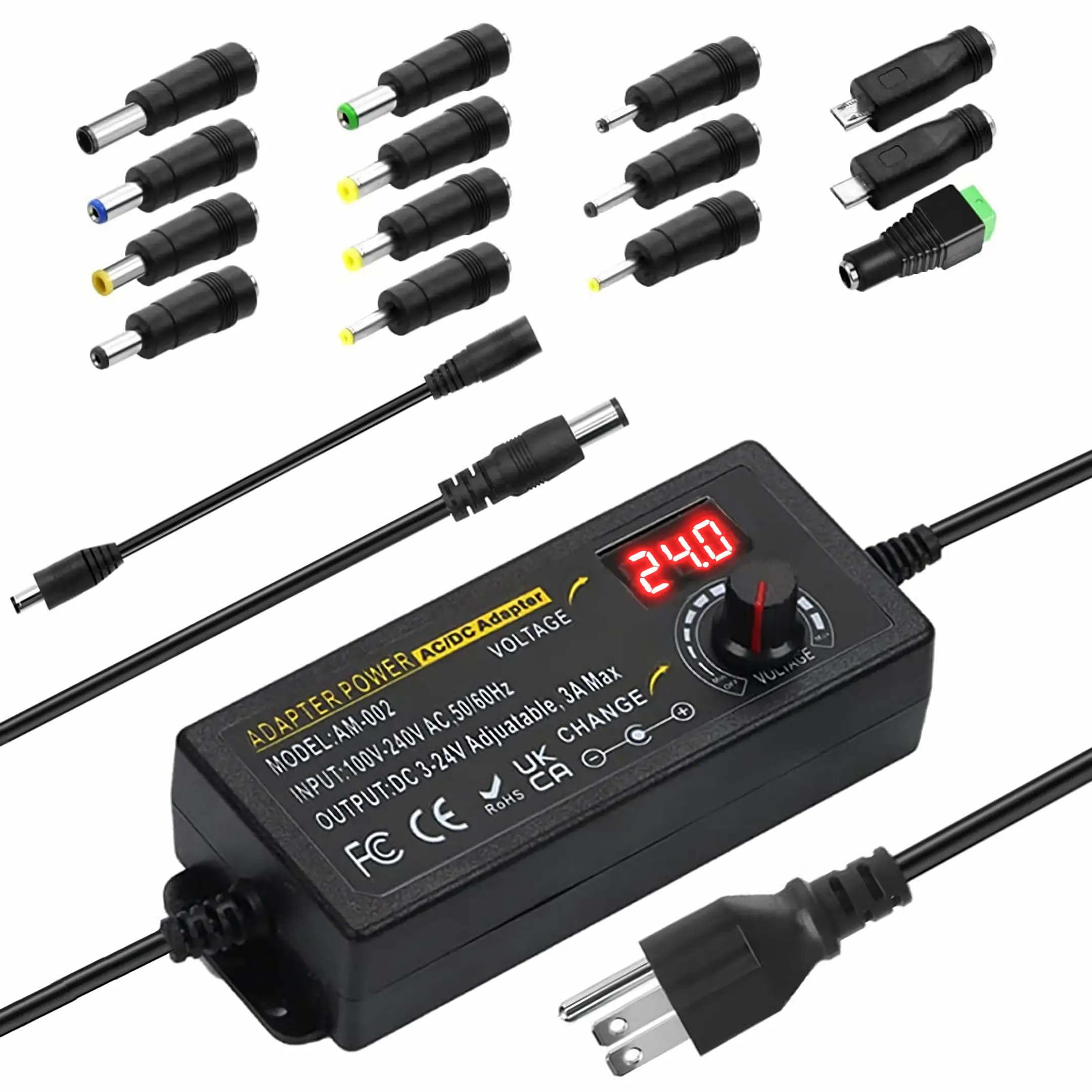 Adjustable Universal Power Supply 3V ~ 24V 3A 72W,100V-240V Switching AC/DC Adapter Converter with 5.5x2.1mm &14 Tips,9V 12V 15V 18V 20V 24V Variable Power Supply for LED Strip Light Printer Speaker