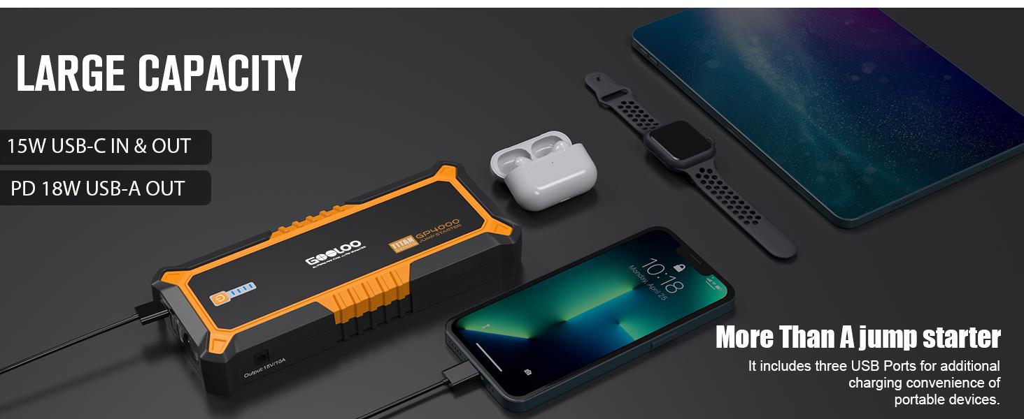 GOOLOO GP4000 4000A Car Jump Starter  Peak Current, SuperSafe 12V Lithium, Portable with USB Quick Charge