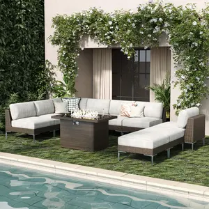 LayinSun 10-Piece Outdoor Modular Wicker Sectional Sofa with Fire Pit Table, Patio Furniture Conversation Set with Deep Seating and Thick Cushions, Multiple Packages