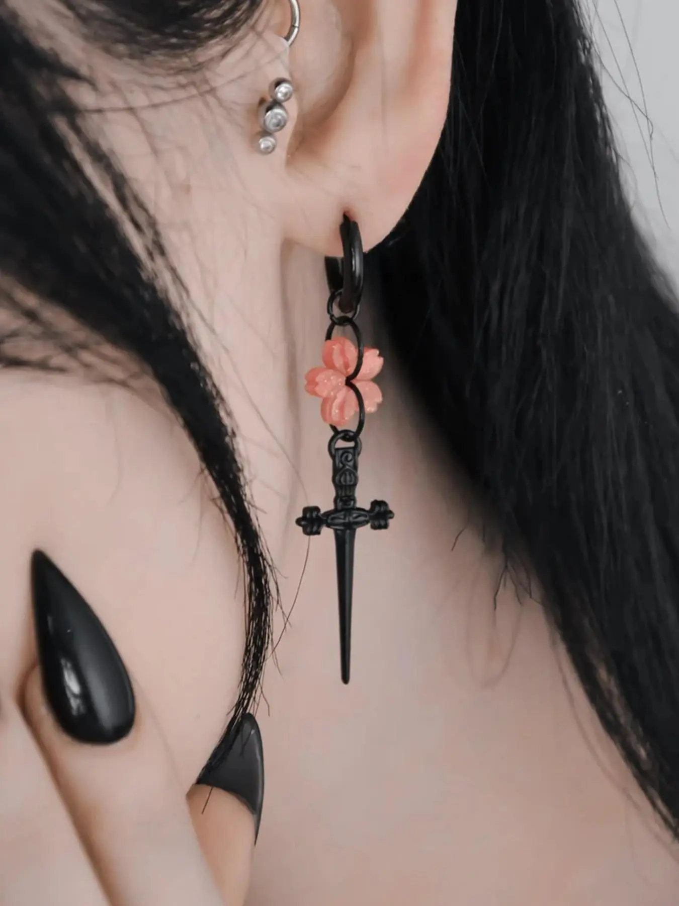 Punk Black Sakura Blade Earrings Gothic Cherry Blossom Motifs Sword Pendant Small Hoop Earrings Japanese Jewelry Punk Style Earrings