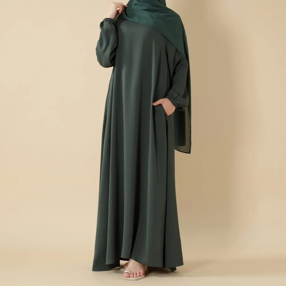 Women's Solid Color Umbrella-Cut Islamic Abaya, Breathable Modest Dress in Textured Nida Zoom Fabric with Pockets and Elastic Sleeves, Solid Color Abaya, Modesty, Loose Fit Abaya