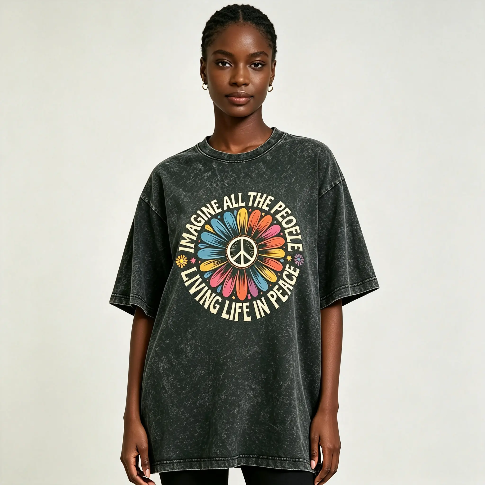 Imagine Peace T-Shirt | "Imagine All the People Living Life in Peace" | Floral Daisy Peace Sign Tee | Hippie Boho Graphic Shirt