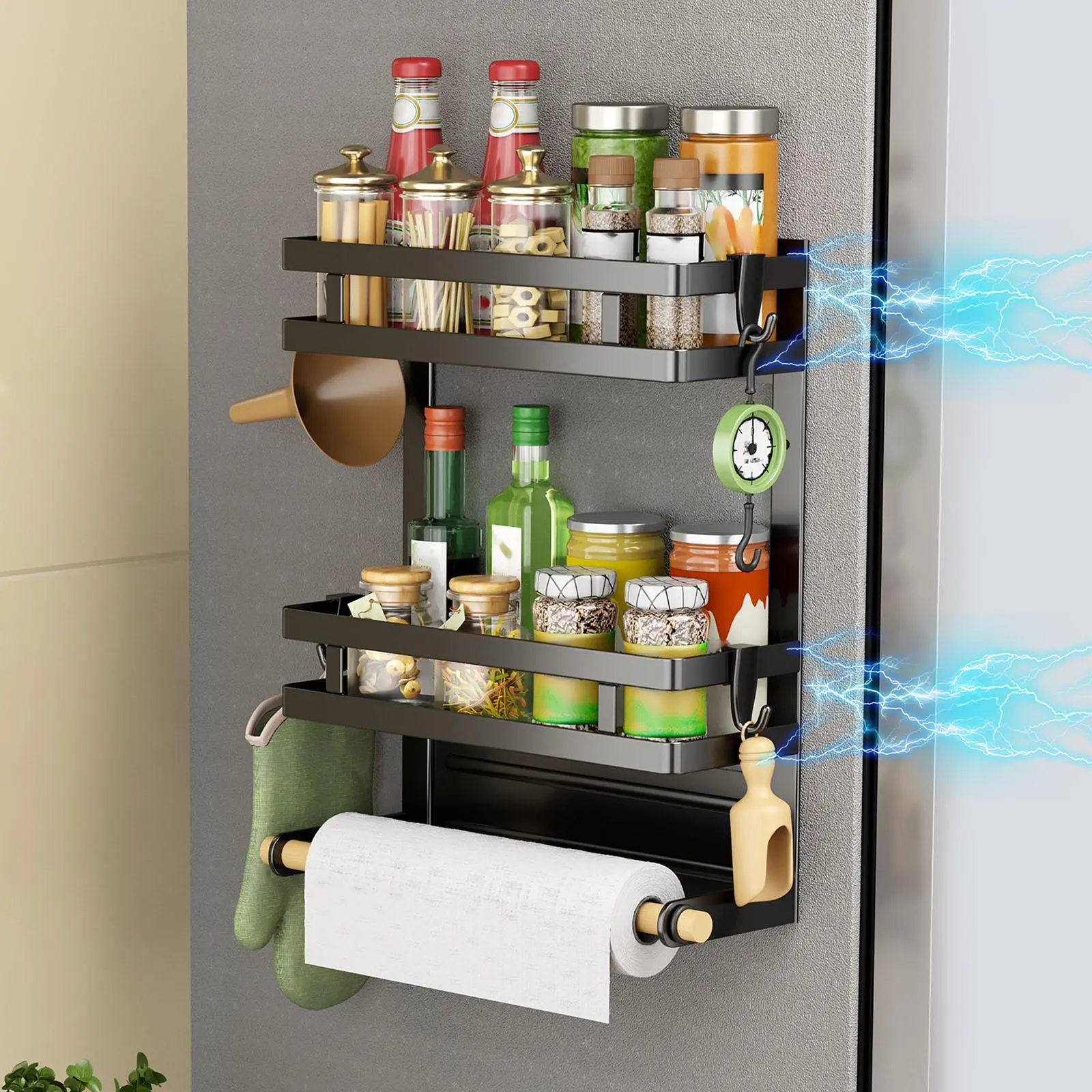 【Holiday Deals】San Dream 2-Layer Metal Rectangle Magnetic Spice Rack Shelf Organiser, Moveable with 4 Utensil Hooks, Magnetic Hold Keeps Setup Simple, Kitchen Accessories for Refrigerator Home Goods House Organizers
