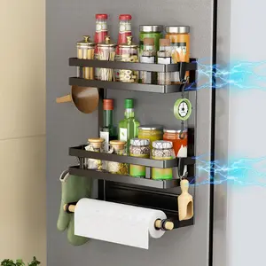 【Holiday Deals】San Dream Magnetic Spice Rack for Refrigerator Magnetic Fridge Shelf Seasoning Rack Magnet Organizer Moveable 4 Hooks for Kitchen Utensils Adjustable Storage Display Risers Stand