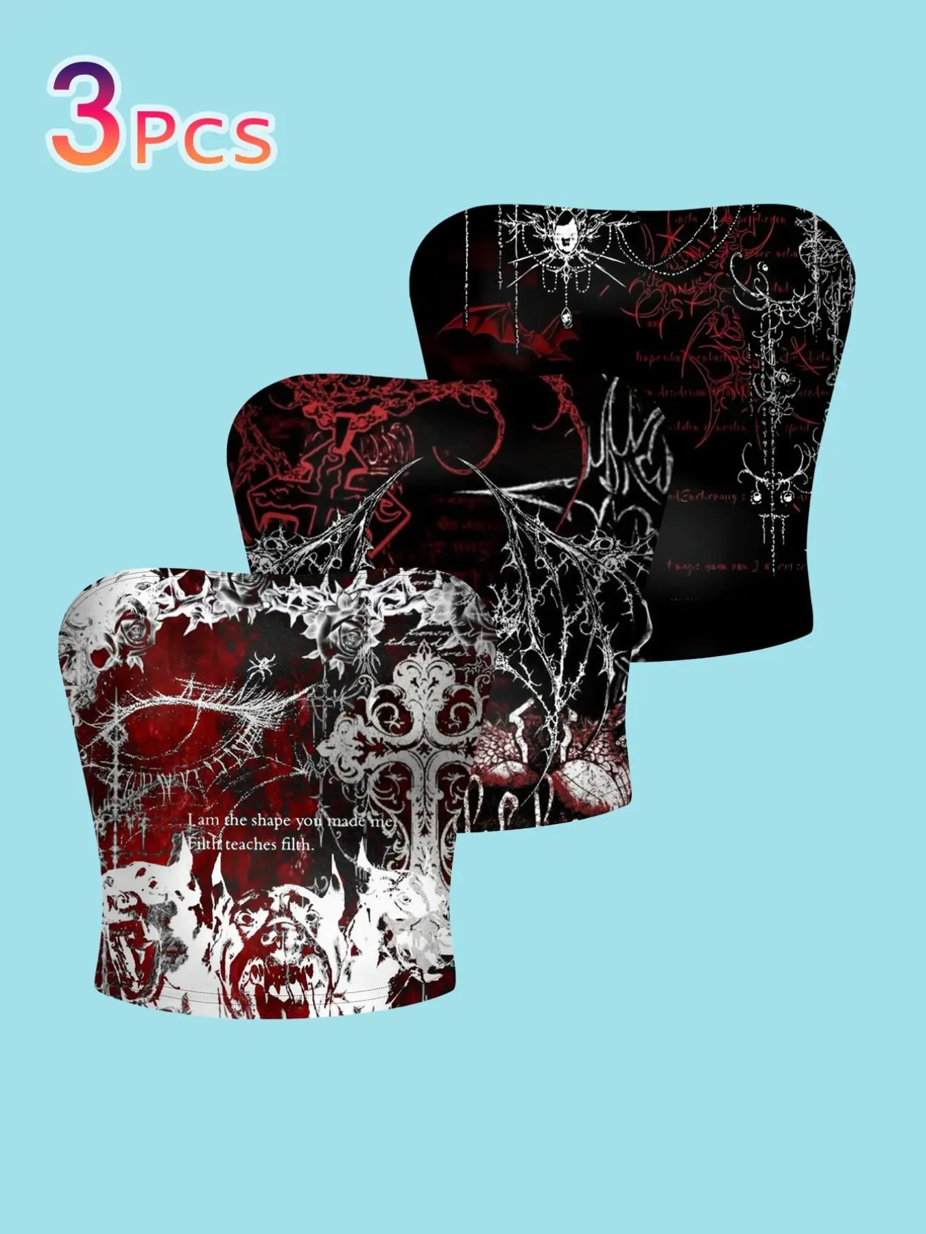 3-Pack Gothic Thorn Print Crop Top, Blood Rose Slim Fit Tank Top, Y2K Millennial Punk Inner Outer Wear, Trendy Fashion Base Layer, Casual Sleeveless Top