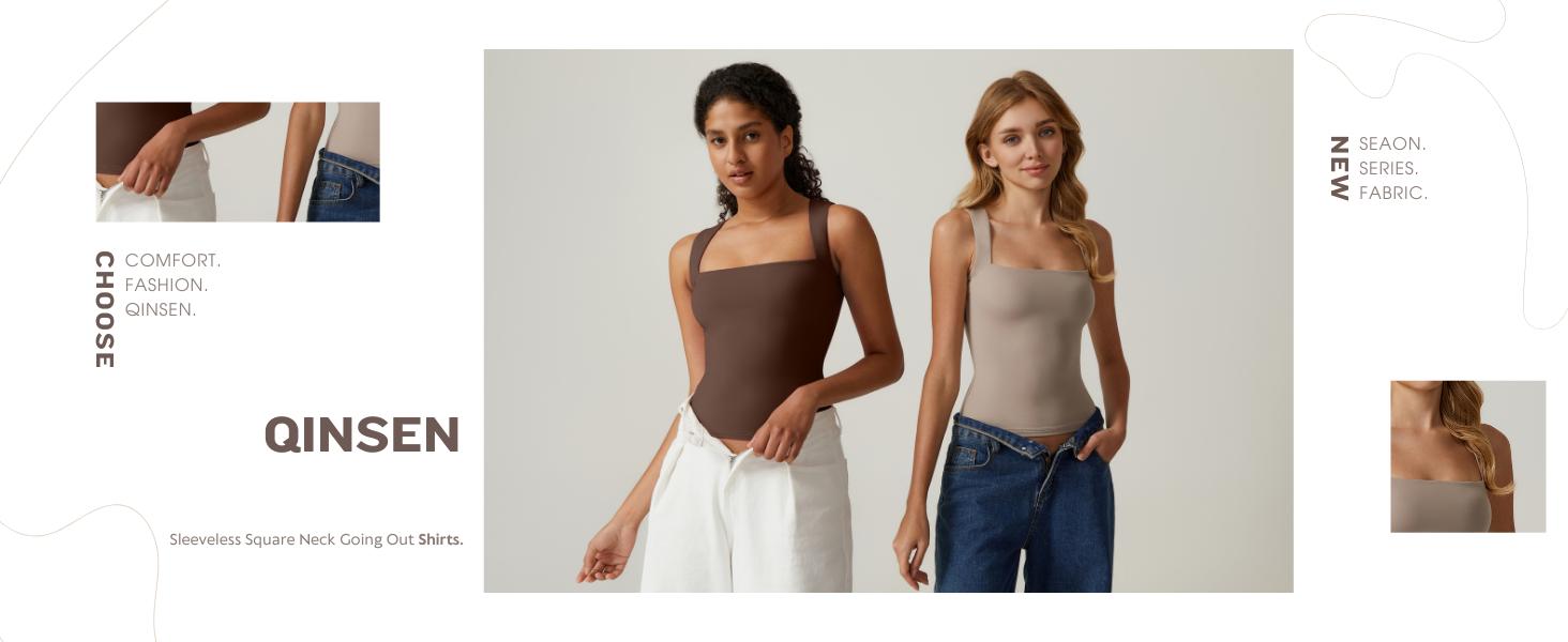 【Runs Small】QINSEN Women's Square Neck Sleeveless Double-Layer Tank Tops Basic Tight T Shirts short