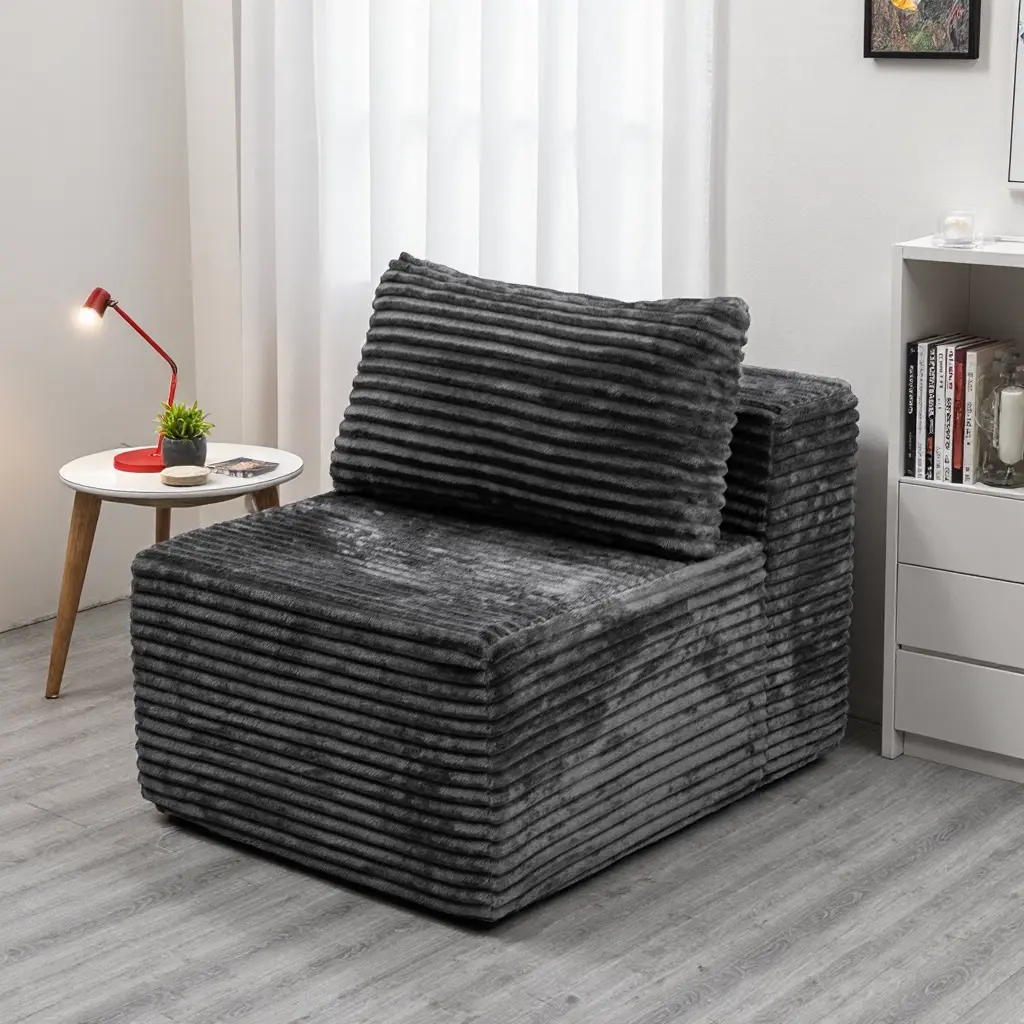 Modular Sectional Sofa 1-Seat Chaise Lounge Couch, No Assembly Required, Plush Corduroy Fabric, Foam Filled, Grey, Compact Single Seater for Living Room, Apartment, Bedroom