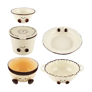 Kawashima 5-Piece Ceramic Noodle Bowl Set with Lid, Dinner Plate, Rice Bowl, Soup Bowl - Versatile Kitchenware for Instant Ramen, Meals & More