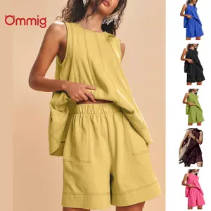 Ommig Womens 2 Piece Outfits Sleeveless Matching Sets A Line Tank Tops Contrast Stitching High Waist Shorts with Pockets