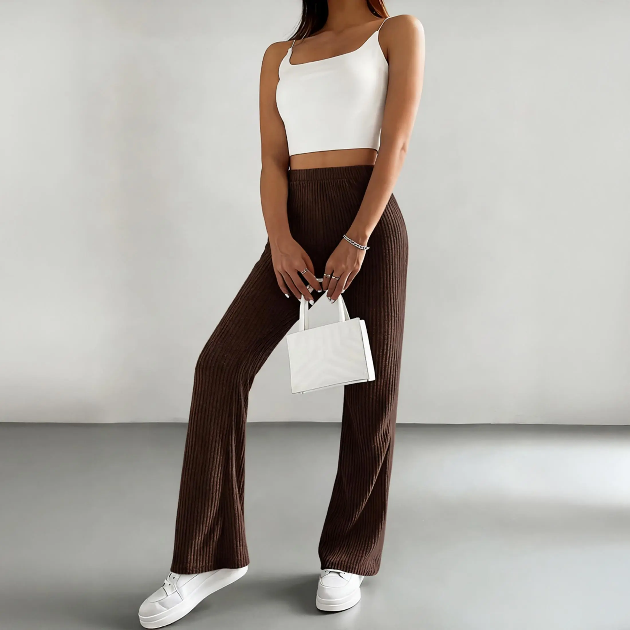 Casual High Waisted Flare Pants for Women Soft Ribbed Knit Bell Bottoms Trousers