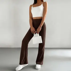 Casual High Waisted Flare Pants for Women Soft Ribbed Knit Bell Bottoms Trousers