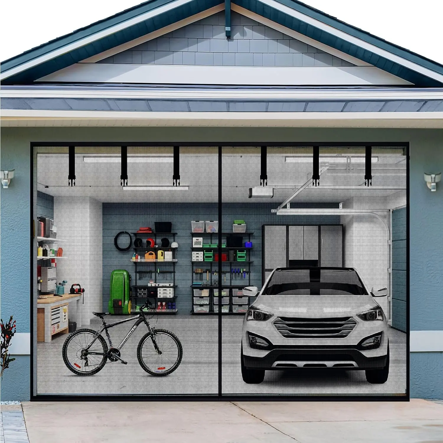 Frameless Fireproof Fiberglass Flyscreen Garage Door - Strong Magnetic Closure, Wind-Safe, Reinforced Mesh, Heavy-Duty Weighted Bottom, Hands-Free Operation, Fast DIY Install, Balcony Pass-Through Design, Animal-Repellent, 8X7ft