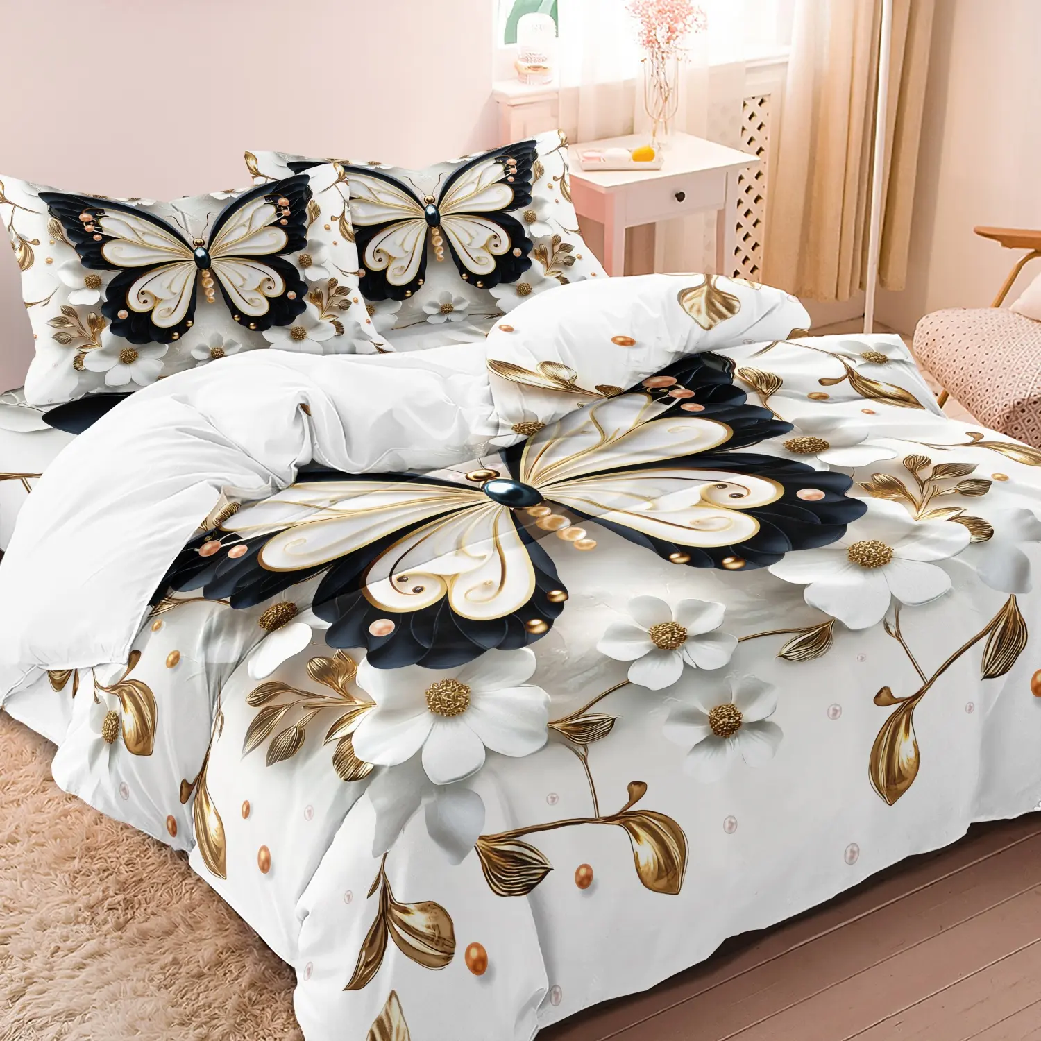 3pcs Black Gold Butterfly Print Duvet Cover Set Decorative Theme Bedding Set. White Floral Bedding Used For Family Bedrooms Dormitories Hotels (1 Duvet Cover + 2 Pillowcases No Comforter No Pillow)