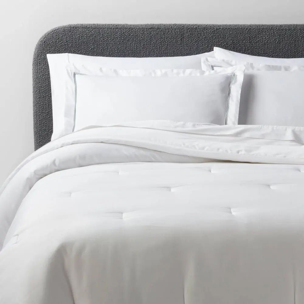 3pc Full/Queen Luxe Embroidered Border Comforter and Sham Set White/Light Teal Green - Threshold: Cotton Sateen 310 Thread Count