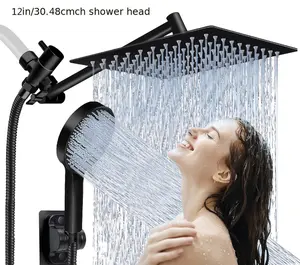 Pressure Shower Head] High Pressure Shower Head Combo | Rainfall/Handheld with 8'' Extension Arm, 3 Settings, Anti-Leak, Height/Angle Adjustable - Chrome, Matte Black