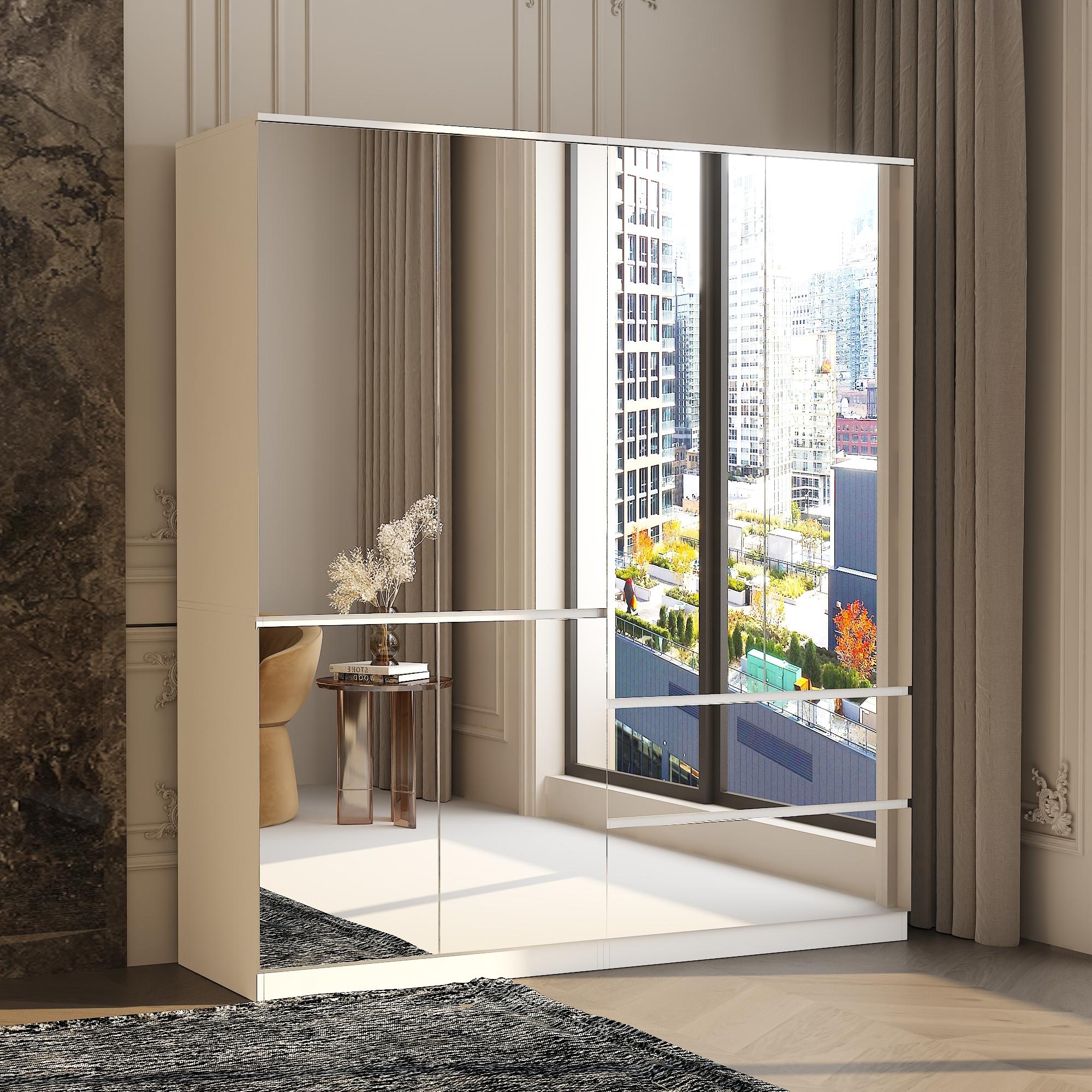 FUFU&GAGA 3 Types Mirror Wardrobe Armoire with Drawers Closet Glass Full Length Mirror Doors Drawers & Hanging Rod Clothes Storage Cabinet for Bedroom