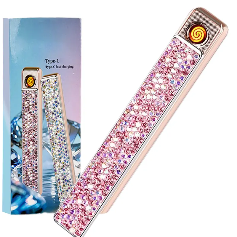 High-End Pink Diamond Rhinestone Bling Metal Body USB Rechargeable Fast Charging Lighter - 2-Sided Flameless, Windproof, Corrosion Resistant, Portable, Pocket Carry, Automatic Power Off, Ideal for Candles, Gifts (Lighter Accessories)