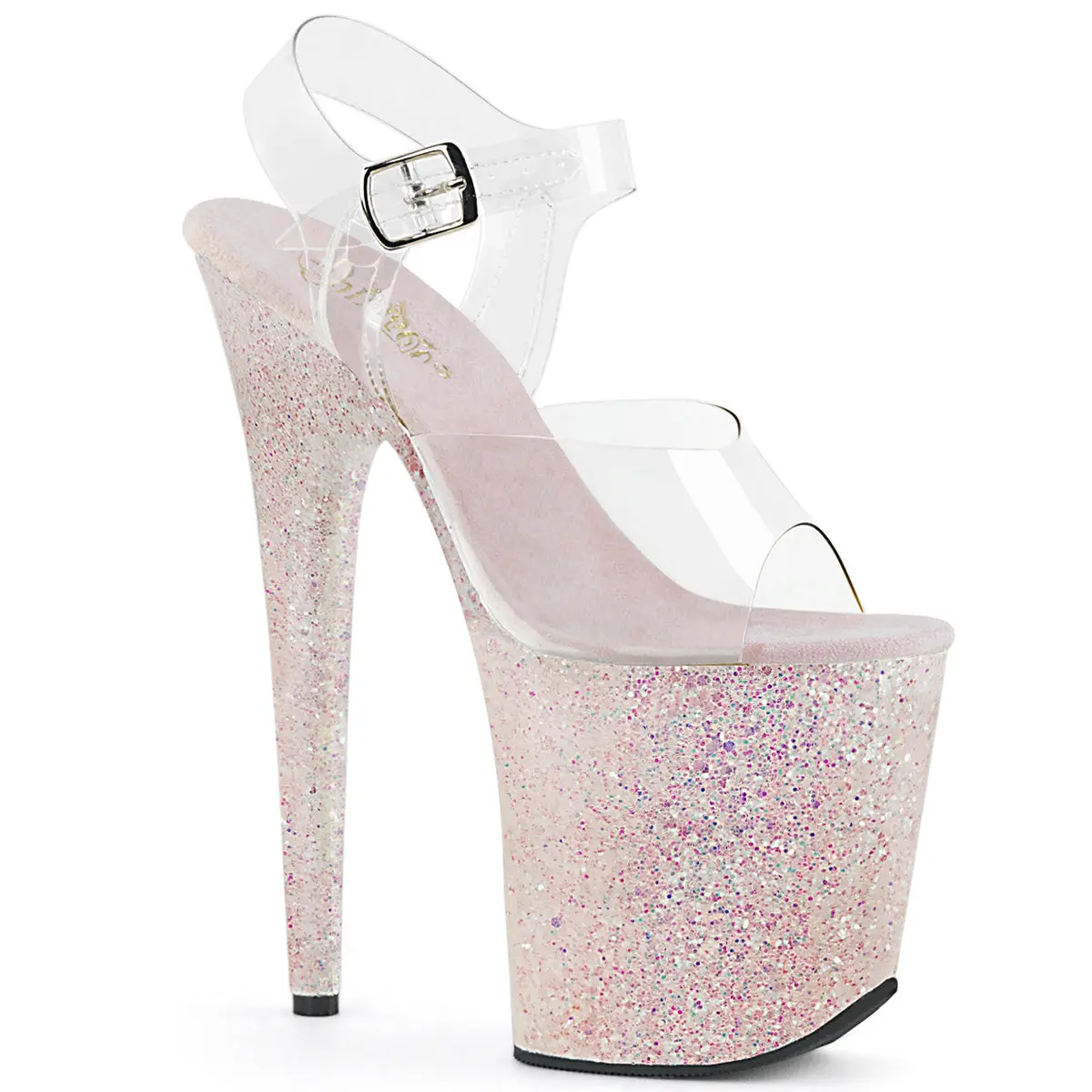 Pleaser Women's Holographic Glitter Platform Sandals, Polyurethane Statement Shoes with an 8" Heel and Ankle Strap Buckle for a Night Out, Sparkling, High Heel, Footwear, Heeled, Evening