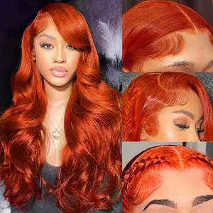 gk Women's 30-Inch 13x6 HD Transparent Lace Frontal Human Hair Wig, 350 Bold Ginger Orange Color, 180% Density, Glueless, Full Natural Look