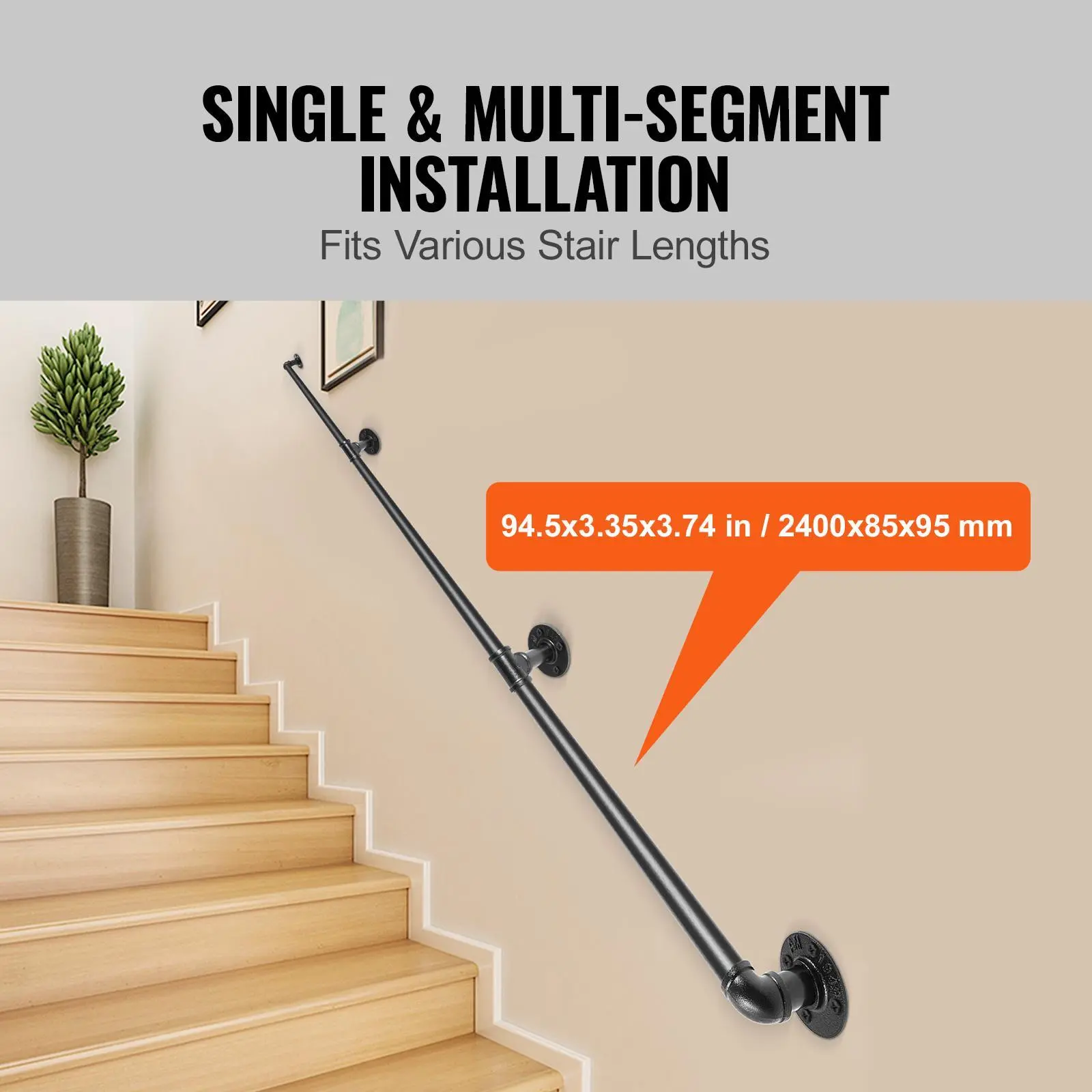 【SummerFinds】VEVOR Pipe Stair Handrail,  , 8FT Staircase Handrail, 440LBS Load Capacity Carbon Steel Pipe Handrail, Industrial Pipe Handrail with Wall Mount Support, Round Corner Wall Handrailings for Indoor, Outdoor
