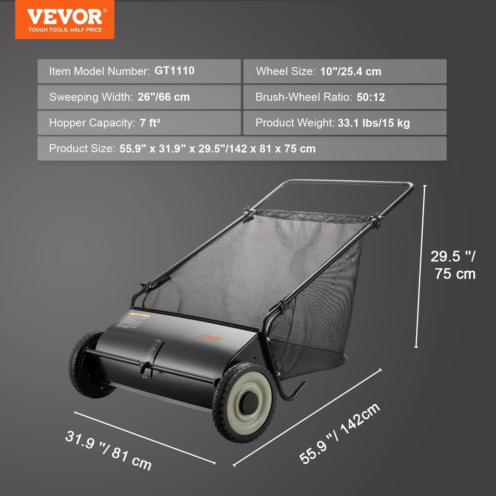 VEVOR Push Lawn Sweeper, Various specifications, Leaf & Grass Collector, Strong Rubber Wheels & Heavy Duty Thickened Steel Durable to Use with Large Capacity. Mesh Collection Hopper Bag, Spinning Brushes