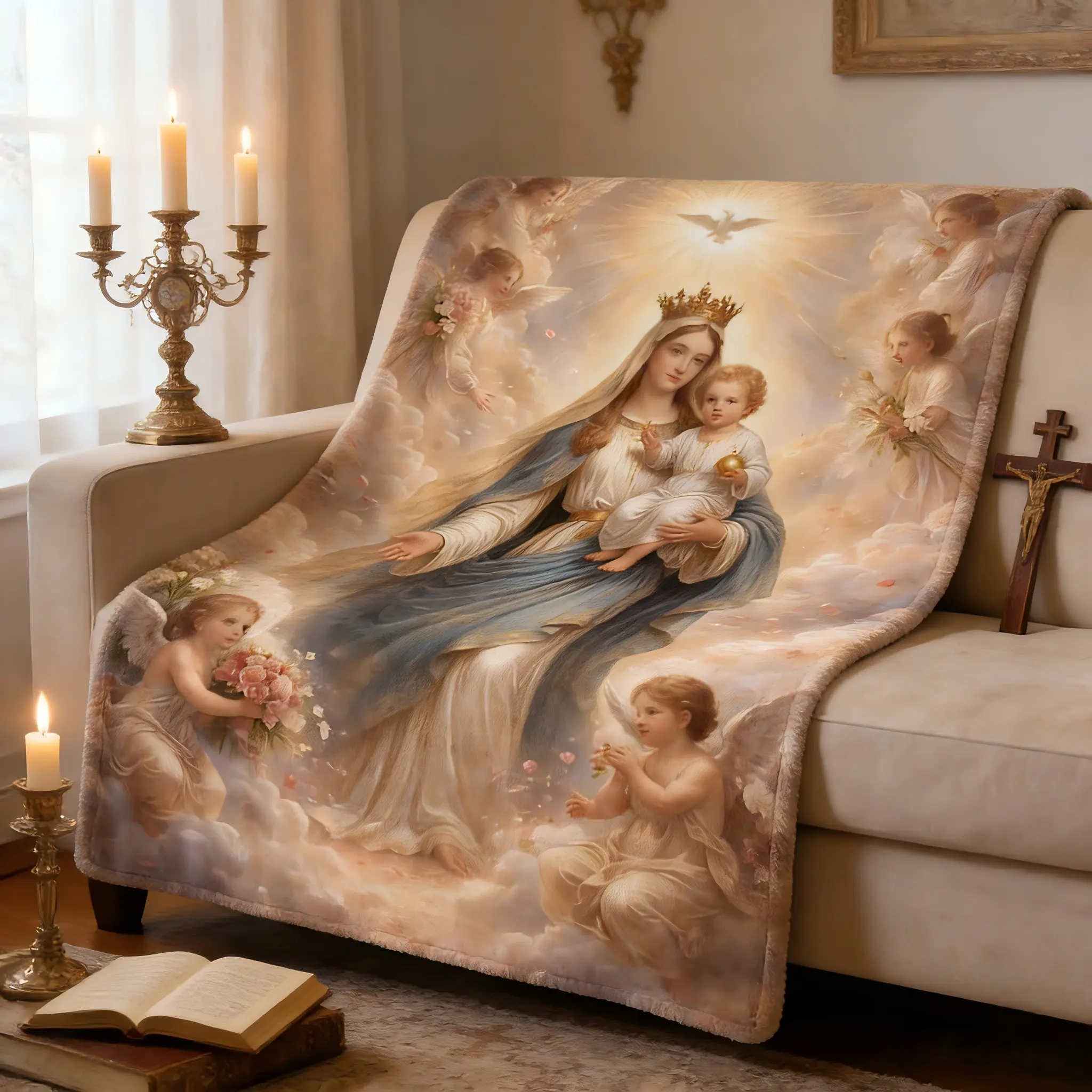 Flannel Printed Blanket - Virgin Mary & Baby Jesus in Heaven Sacred Art Decorative Blanket, Soft Fluffy Warm Plush Snuggle Throw for Bedroom, Religious Gift for Catholics, Decorative Blankets