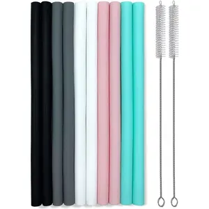 Silicone Straws Set of 10 Straight Smoothies Straws Large Silicon Reusable Drinking Straws with Cleaning Brushes Extra Long for 20oz and 30oz Tumbler - Flexible