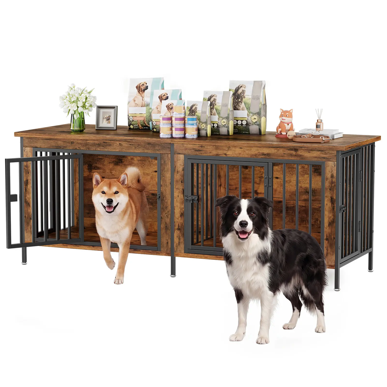 Sweetcrispy 3-in-1 Multi-Use Reinforced Metal & Wood Dual Crate Furniture - 2-Compartment Lockable Dog Kennel, TV Stand or Table, Floor-Safe Feet, Double Door Locks, 40lb Capacity, 27.56" L×23.62" W×25.49" H for Small/Med Dogs