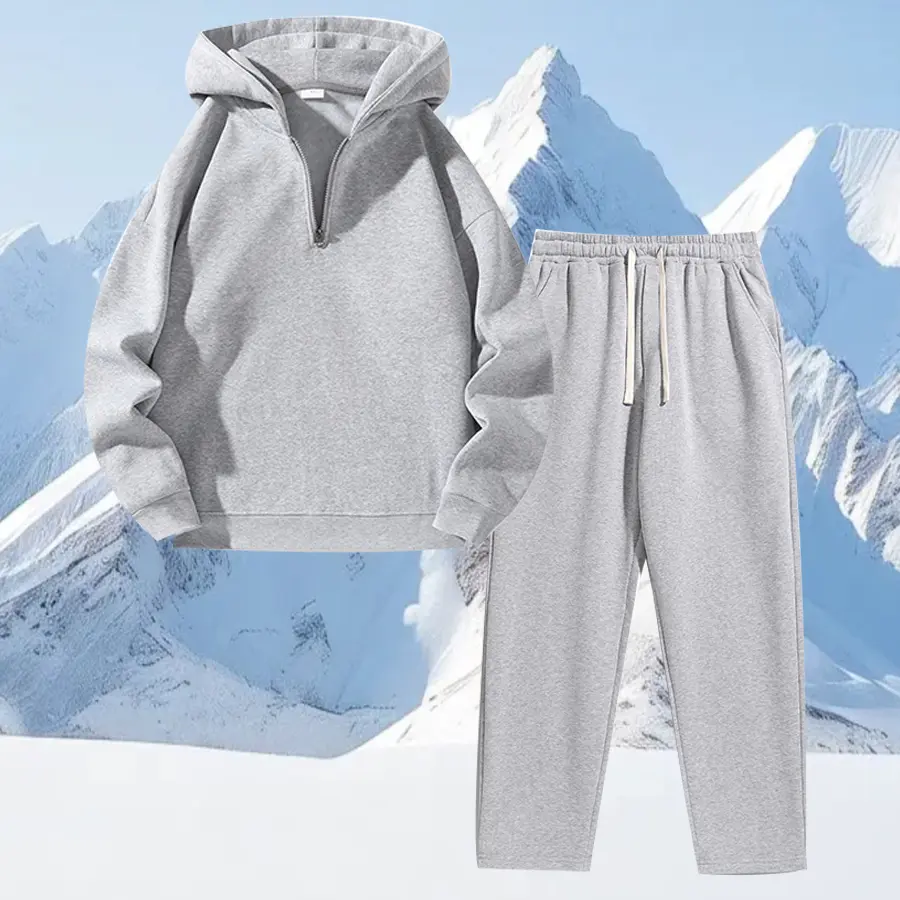 Men's 2-Piece Casual Solid Color Set - Drop Shoulder Long Sleeve Half-Zip Pullover, Adjustable Drawstring Waist Pants, Modern Casual Look with Street Edge, Easy Style for Daily Outings, Fitted Gray